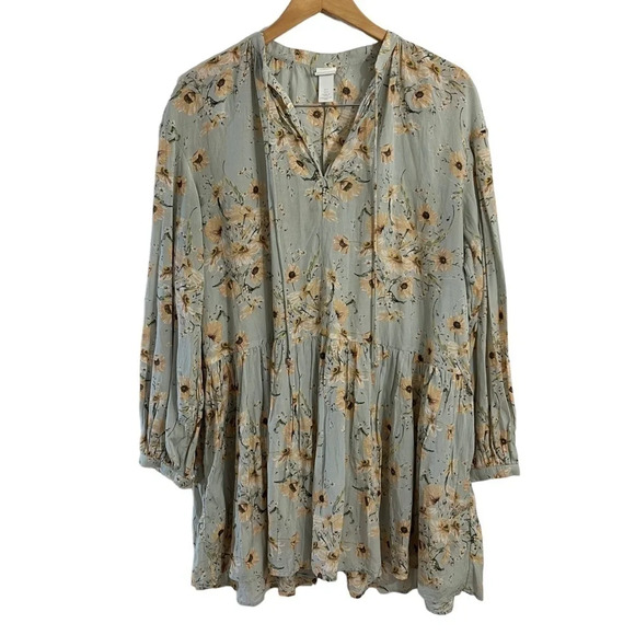 H&M Dresses & Skirts - H&M Dress Size 2 Floral Sage Green Yellow Oversized Fit Long Balloon Sleeve Thin